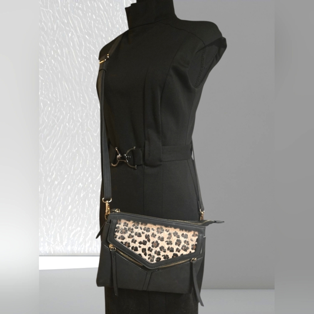Leopard Fur Print Black Crossbody Bag